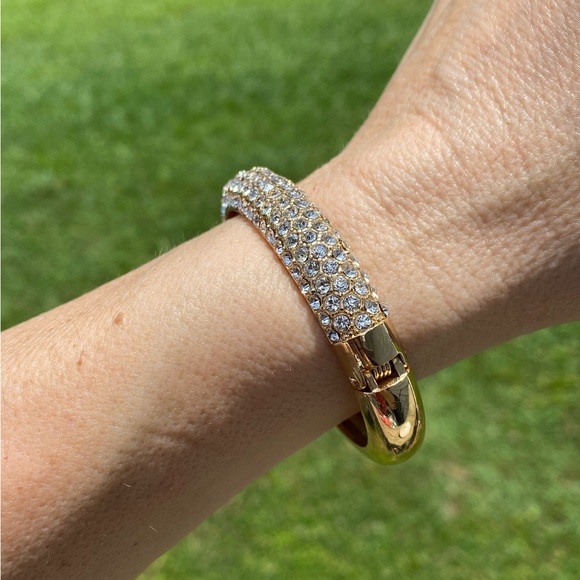 Crystal adorned gold tone hinge bangle bracelet - Picture 3 of 16